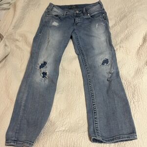 Silver Jeans Capri Womens W27 Tuesday Crop Rhinestone Distressed Denim Jeans